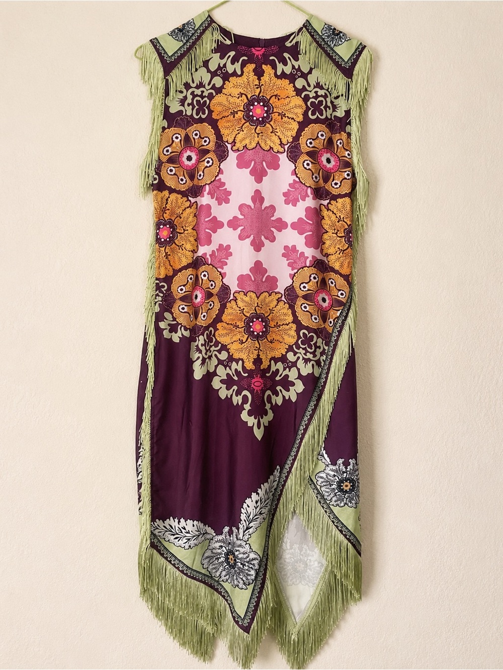 Women’s Boho Scarf Print Floral Fringe Asymmetrical Maxi Dress Sleeveless Size S